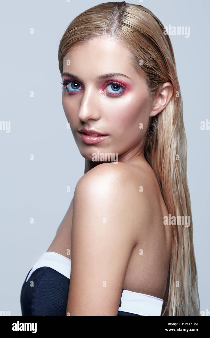 Portrait Of Beautiful Girl Young Woman With Long Blonde Hair