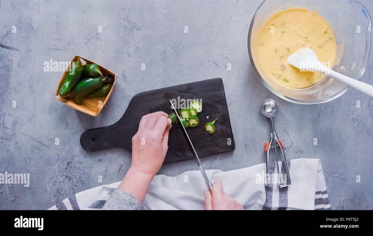 Step by step. Flat lay. Slicing jalapeno peppers for spicy jalapeno