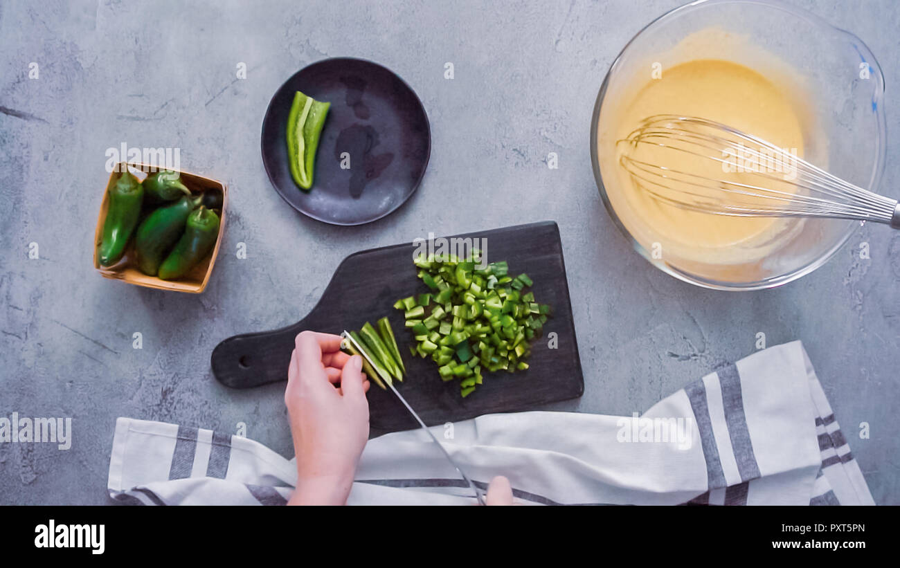 Step by step. Flat lay. Slicing jalapeno peppers for spicy jalapeno