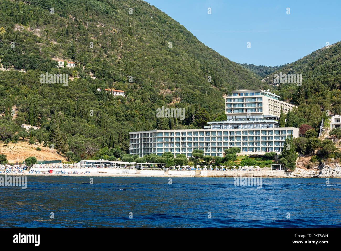 Beach and Hotel, Nissaki, Corfu Island, Ionian Islands, Mediterranean Sea, Greece Stock Photo
