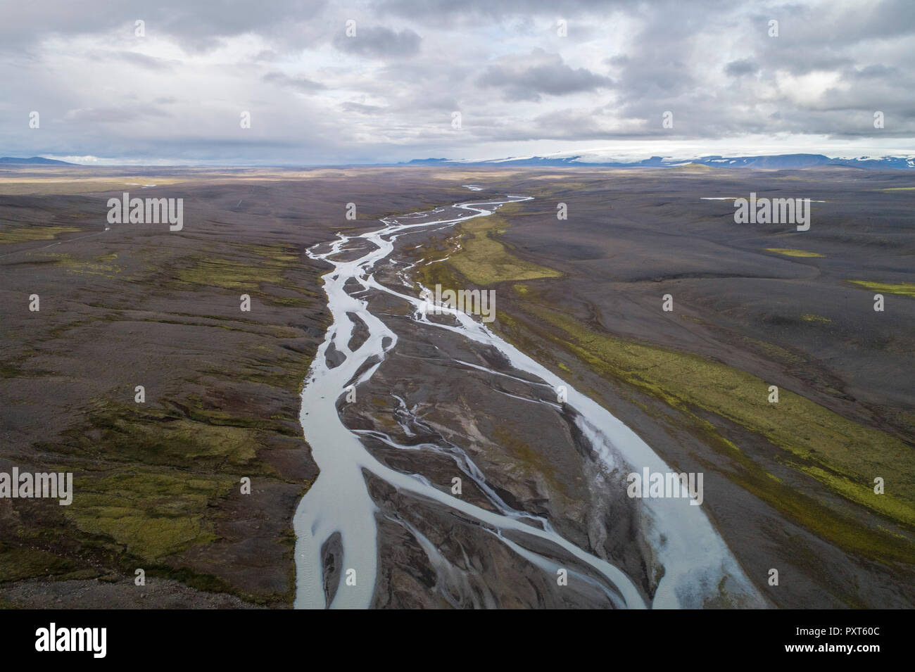 Meandering river in volcanic landscape, highlands of Norðurland vestra, Iceland Stock Photo