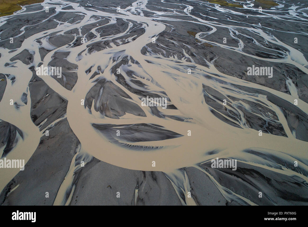 Meandering river in volcanic landscape, along road F35, Austurland, Iceland Stock Photo