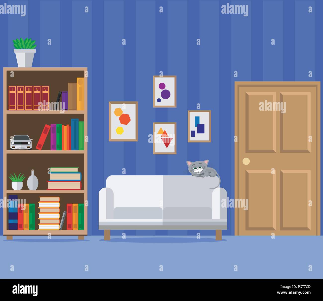 Living room with sofa, wardrobe and books. Vector illustration is not a living room design theme, set. Stock Vector