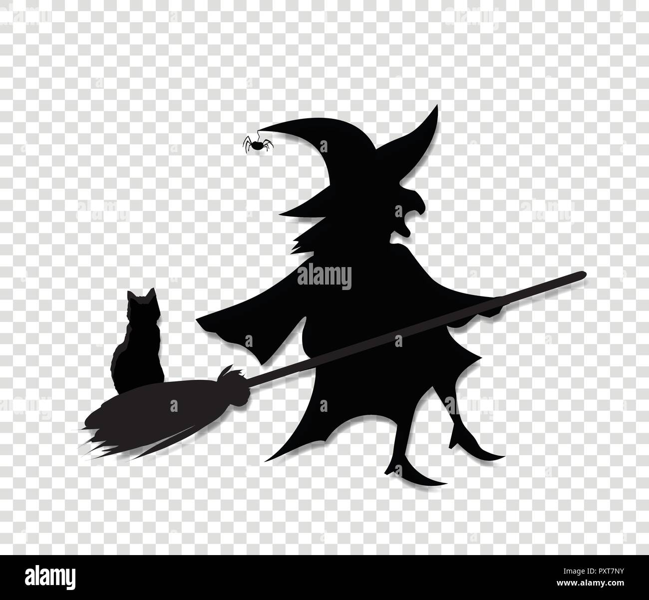 Black silhouette of witch in hat and costume fly on broom with cat isolated on transparent background. Halloween party vector illustration, icon, retr Stock Vector