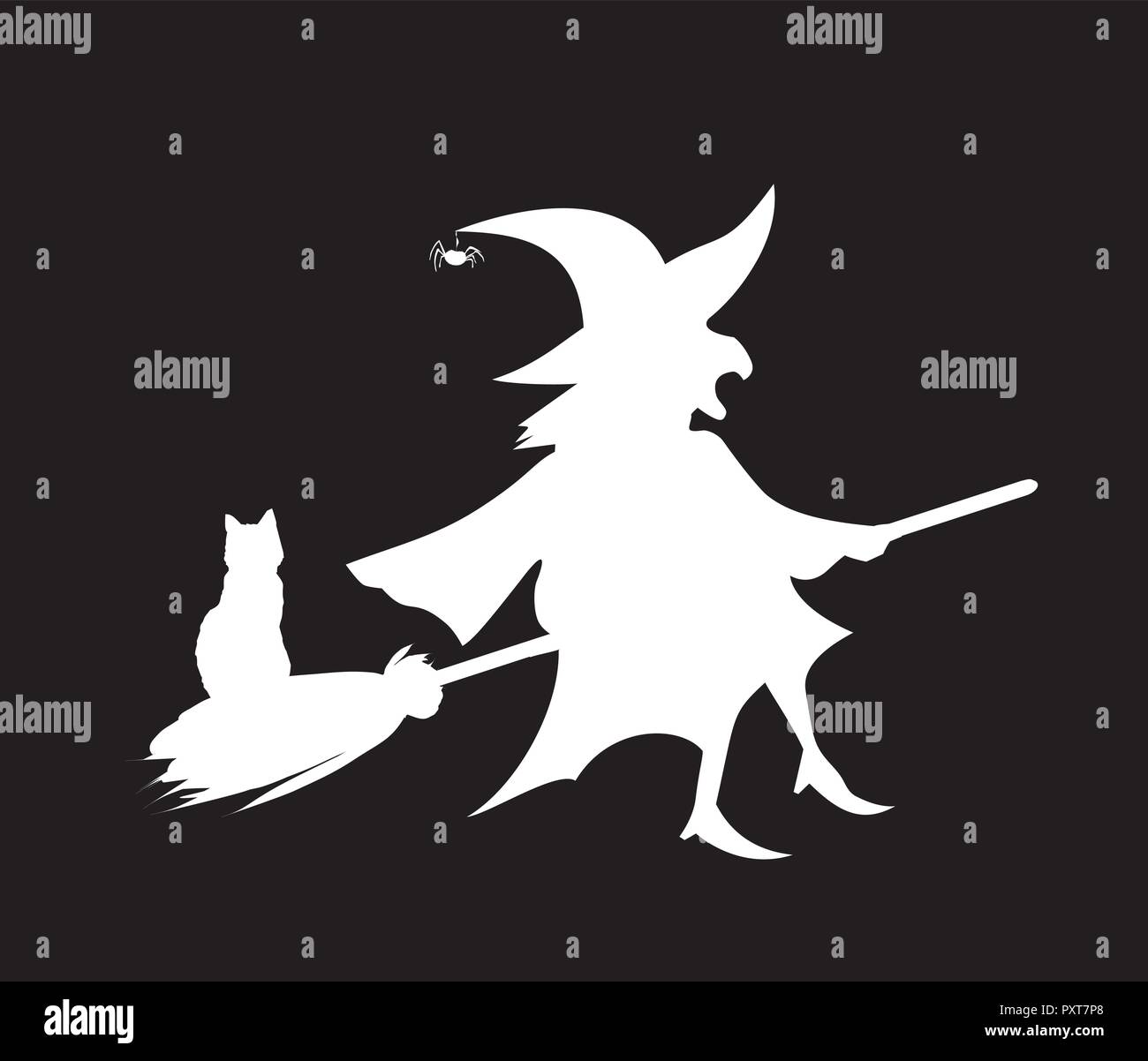 White silhouette of witch in hat and costume flying on broom with cat isolated on black background. Halloween party vector illustration, icon, retro v Stock Vector