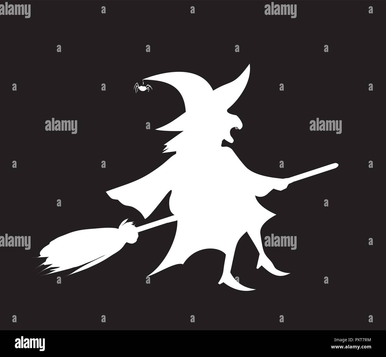 White silhouette of witch in hat and costume flying on broomstick isolated on black background. Halloween celebration vector illustration, icon, retro Stock Vector