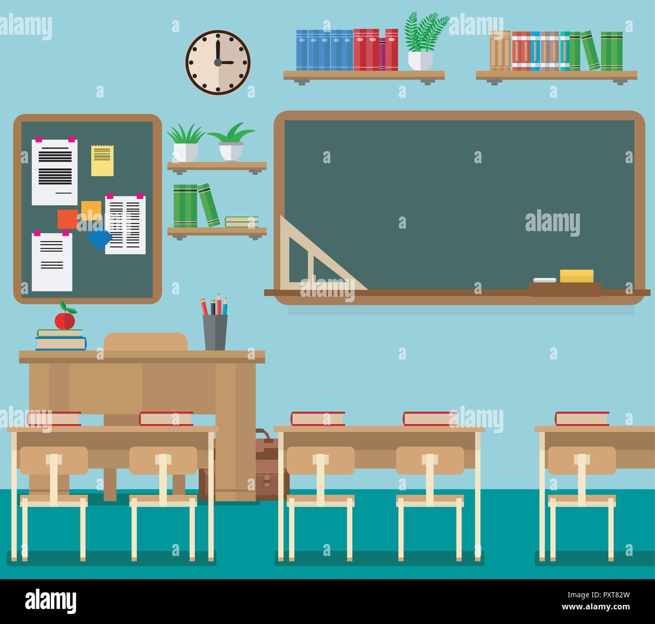 School classroom with chalkboard and desks. Classroom for learning ...