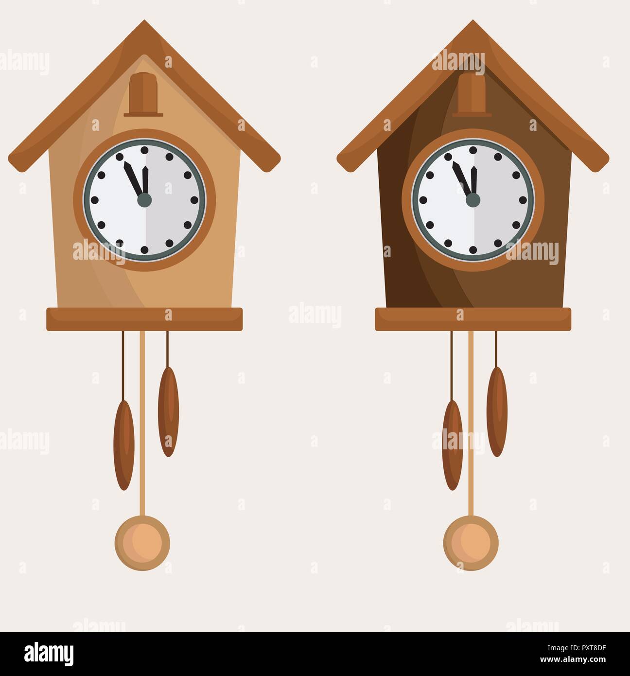 Clock set with pendulum and cuckoo. Two options, dark and light vector illustration. Stock Vector