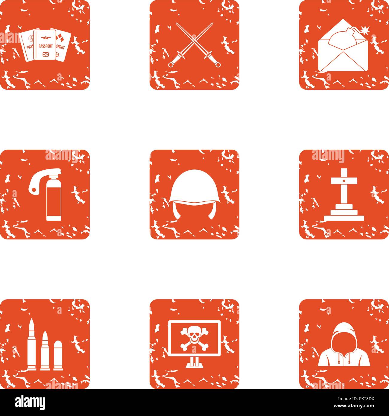 Insecurity icons set, grunge style Stock Vector