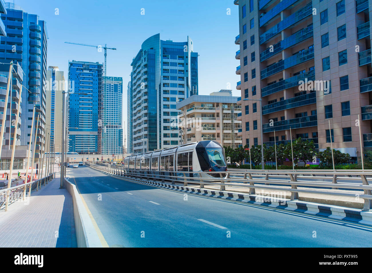 Dubai city tram on modern railway. United Arab Emirates Stock Photo