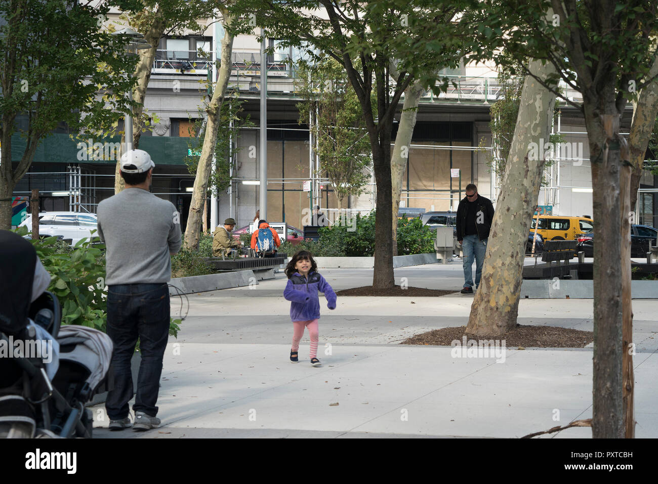 The newly redesigned Spring Street Park is in the Soho neighborhood of Lower Manhattan. Oct. 13, 2018 Stock Photo