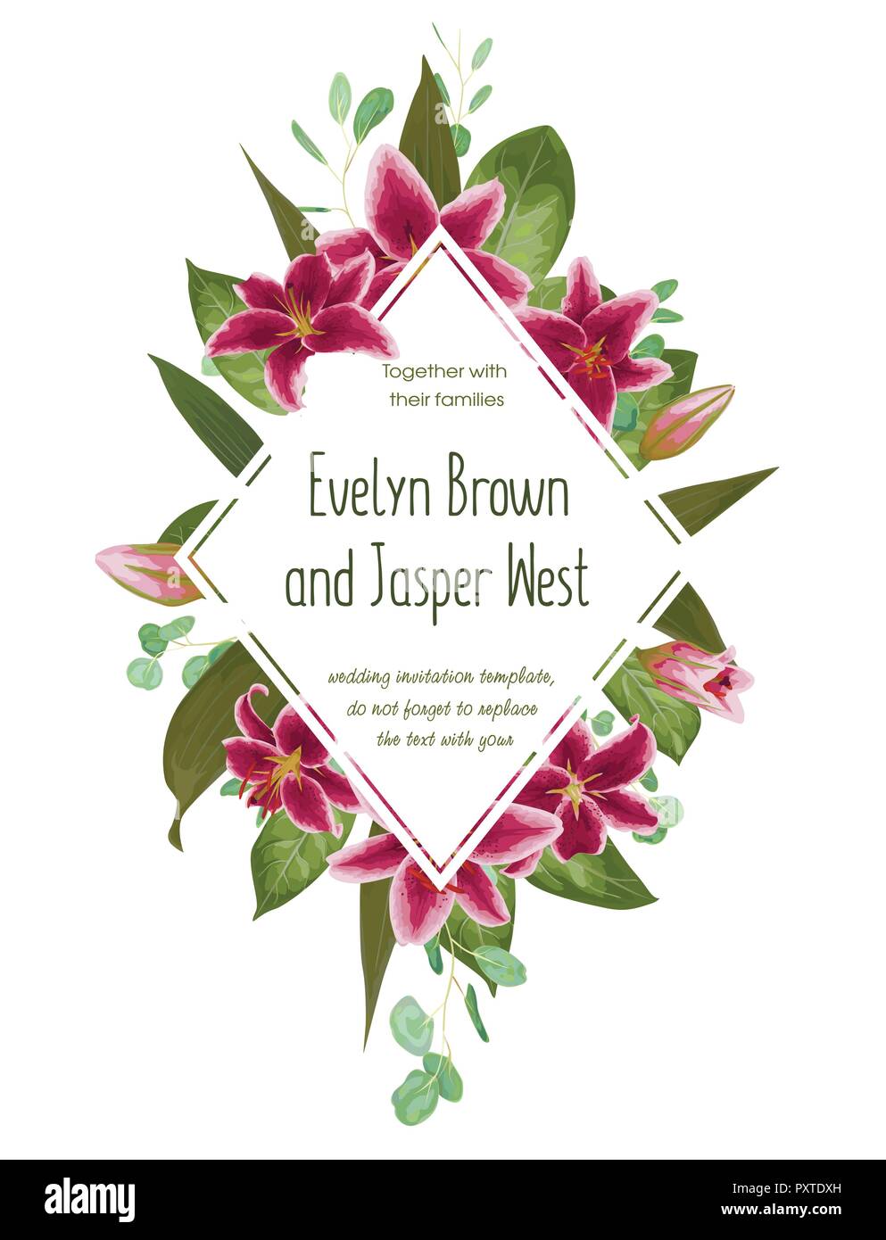 Wedding floral invitation, invite card. Vector watercolor style herbs, eucalyptus, gently burgundy, pink lilly, waxflower natural, botanical green dec Stock Vector