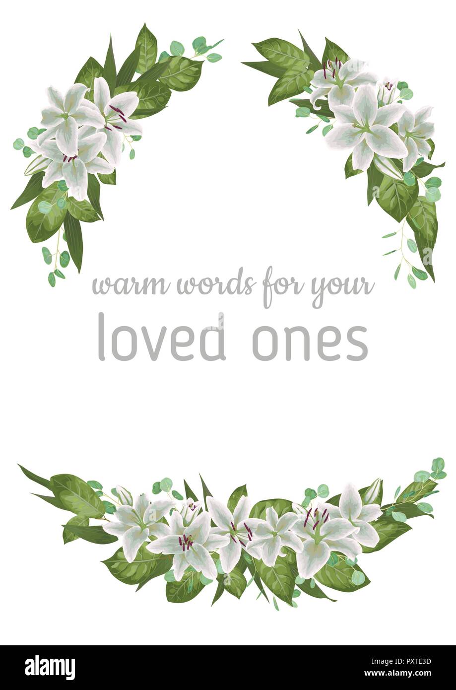 Vector card floral design with green watercolor, herbs, leaves eucalyptus, white lily, botanical green, decorative frame, border. Elegant beauty cute  Stock Vector