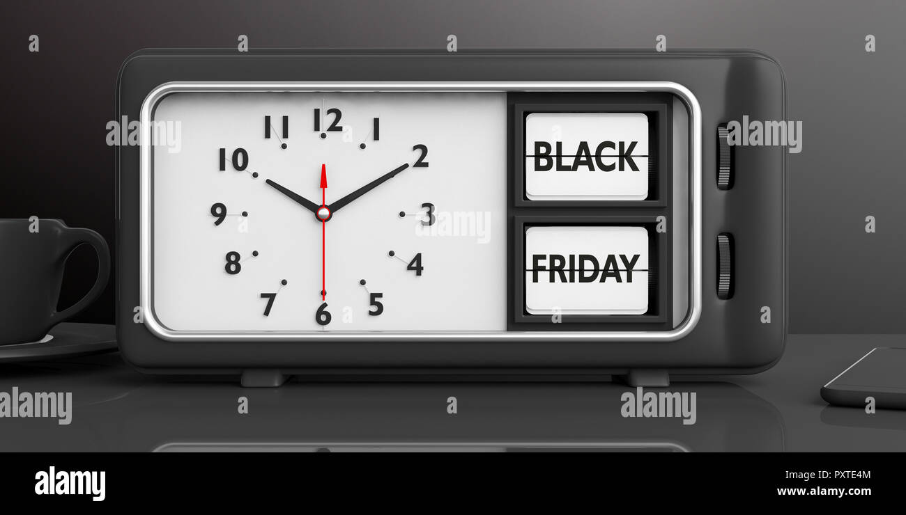 Old retro vintage alarm clock with black Friday text, on desk, against black background. 3d