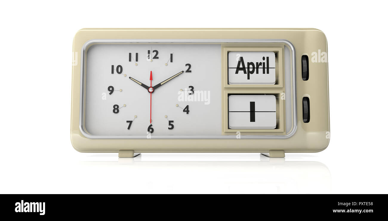 April 1st fool's day on old retro vintage alarm clock against white background, isolated. 3d illustration. Stock Photo
