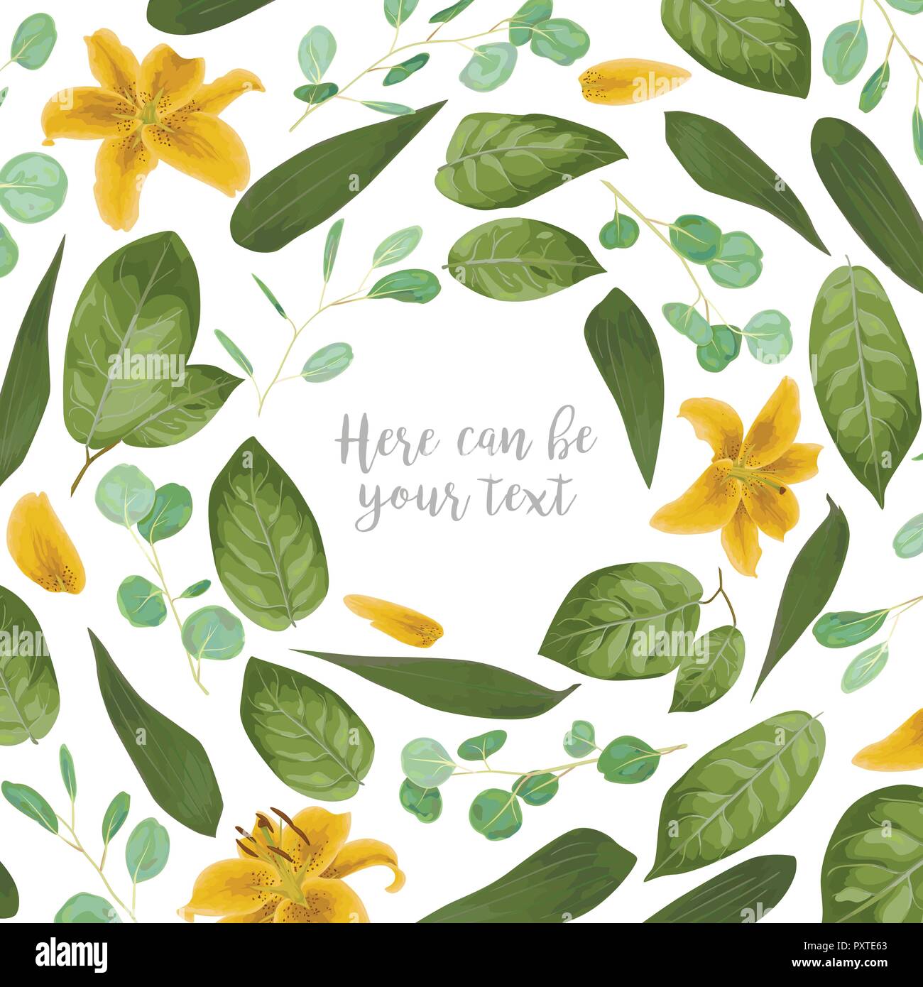 Vector card floral design with green watercolor, herbs, leaves eucalyptus, yellow lily, botanical green background, decorative round frame, square. We Stock Vector