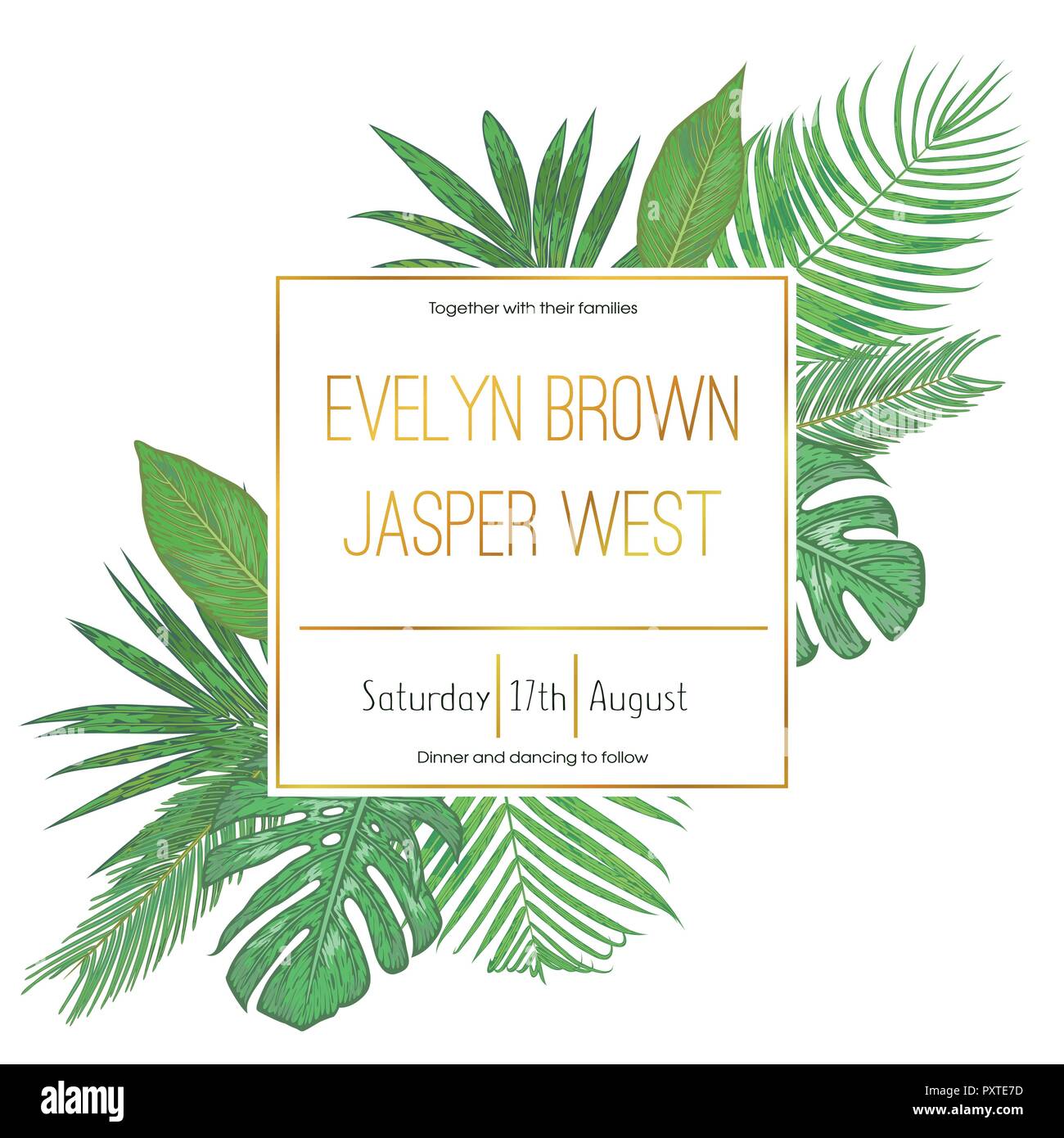 Wedding floral invitation, invite card. Vector watercolor style, tropical palm leaves, monstera, kentia palm trees, diffenbachia, coconut, decorative  Stock Vector