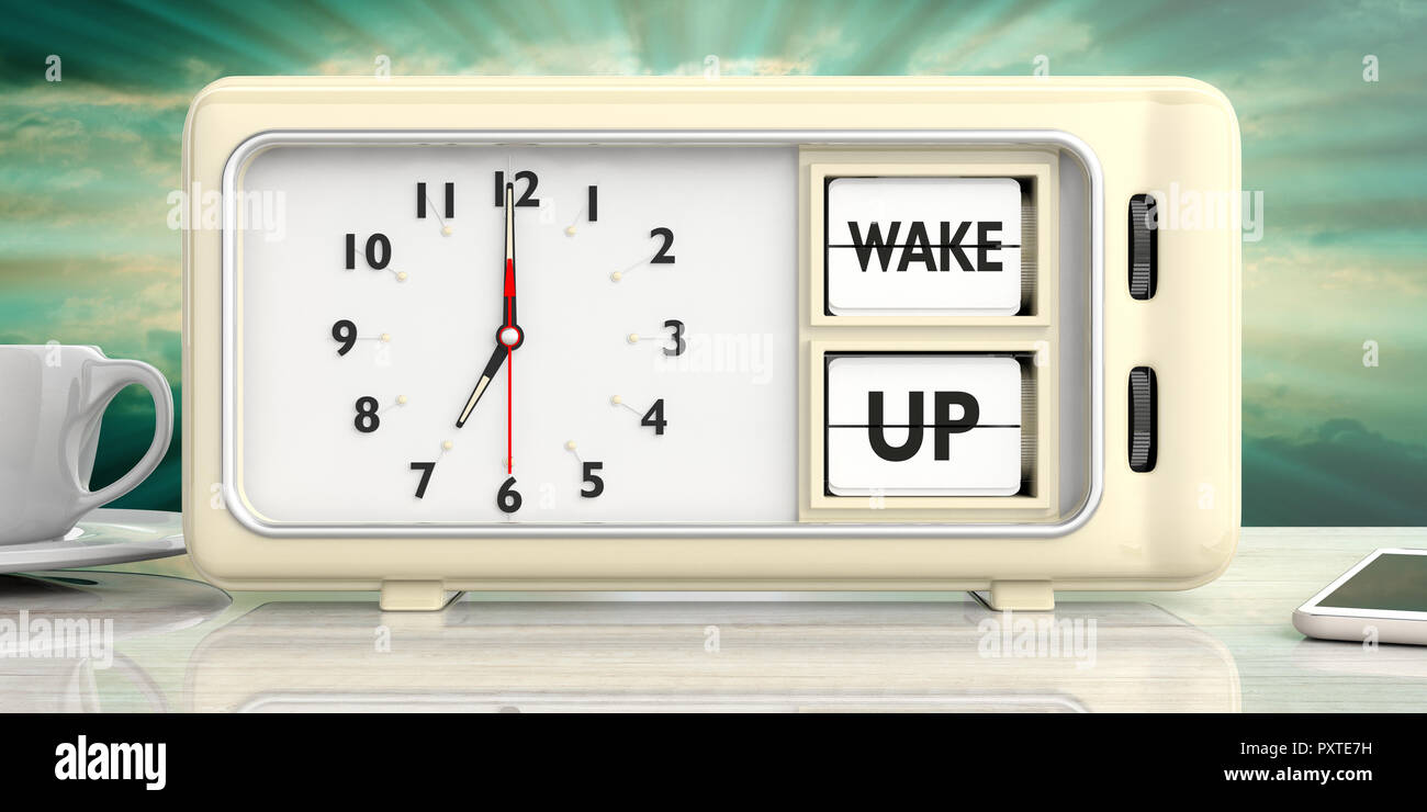 wake up text message on retro vintage alarm clock on white desk against blurry sunrise background. 3d illustration. Stock Photo
