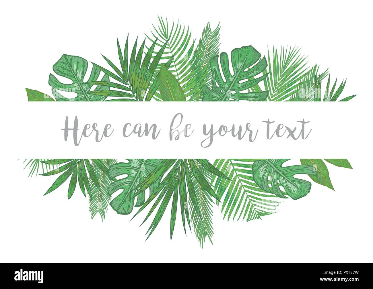 Wedding invite invitation card vector floral greenery design. Tropical palm leaves, monstera, kentia palm trees, diffenbachia, coconut. Horizontal tem Stock Vector