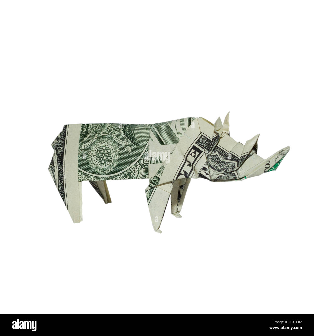 Money Origami RHINOCEROS Folded with Real One Dollar Bill Isolated on