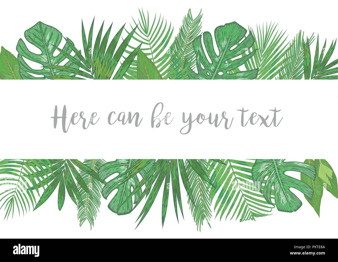 Wedding invite invitation card vector floral greenery design. Tropical palm leaves, monstera, kentia palm trees, diffenbachia, coconut. Horizontal tem Stock Vector