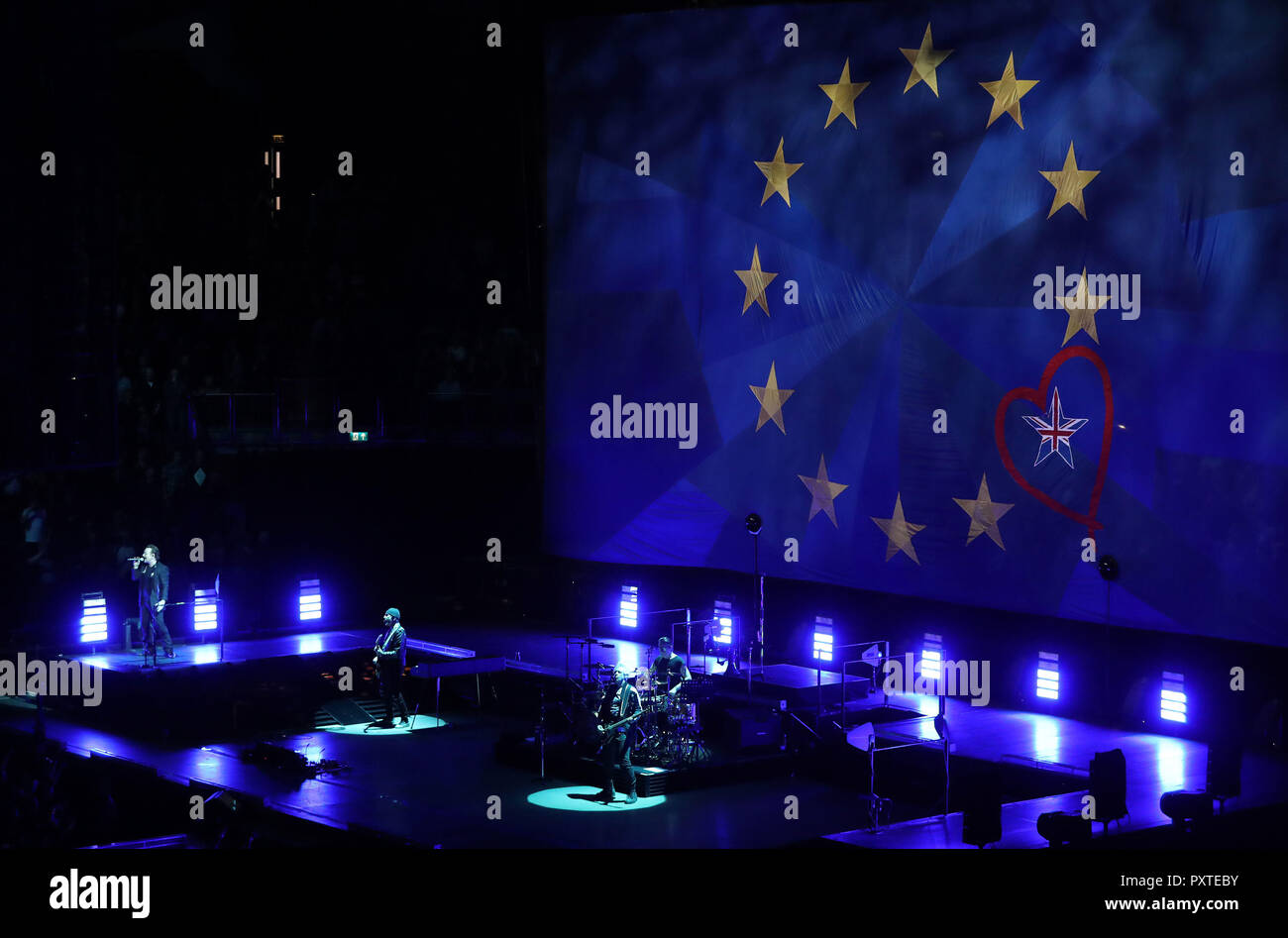 U2 perform in front of a giant EU flag, with one star as the Union Flag, at  the o2 Arena in London, during their eXPERIENCE + iNNOCENCE Tour Stock  Photo - Alamy