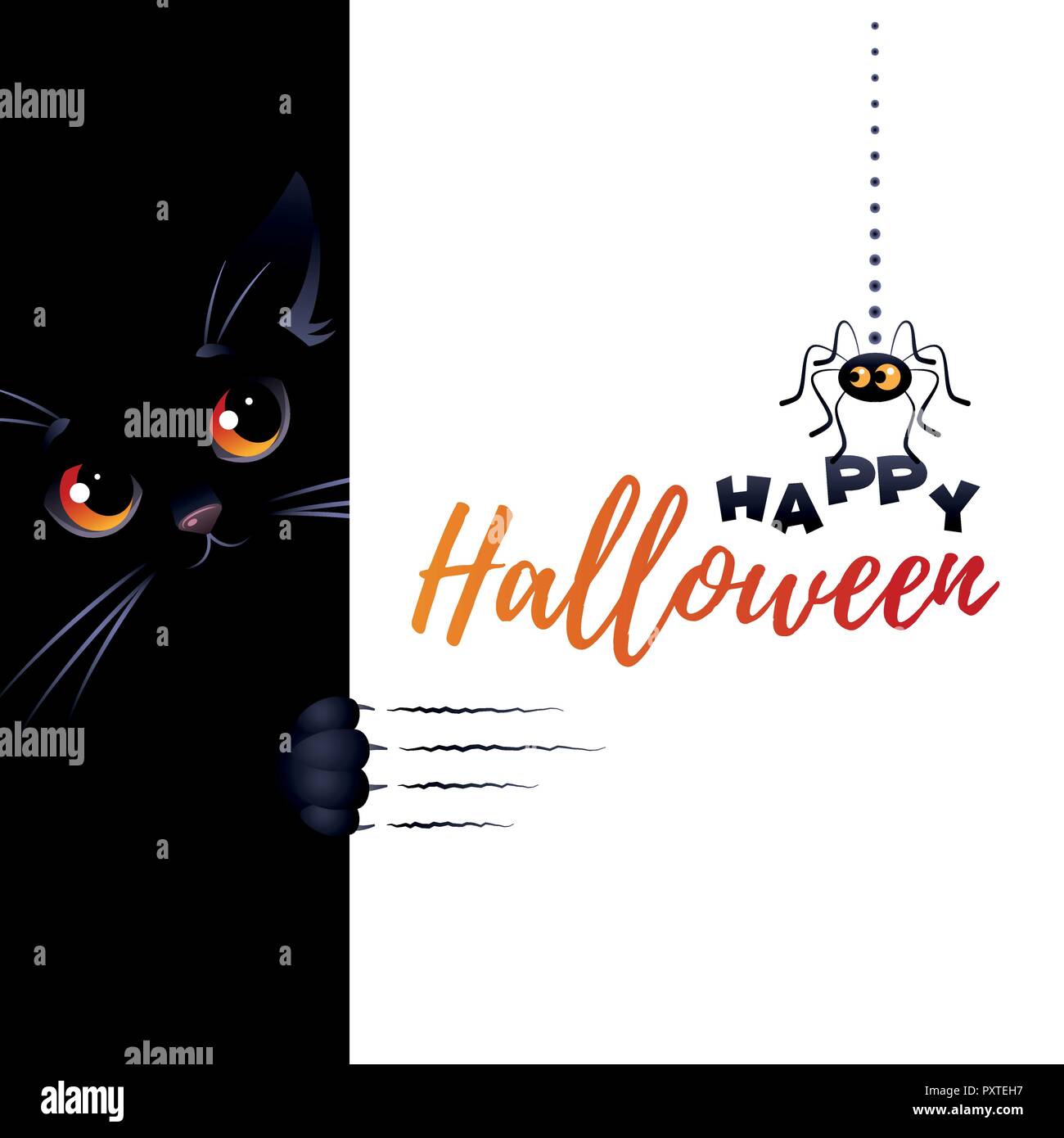 Happy Halloween. Greeting card with cute spider and black cat. Vector ...