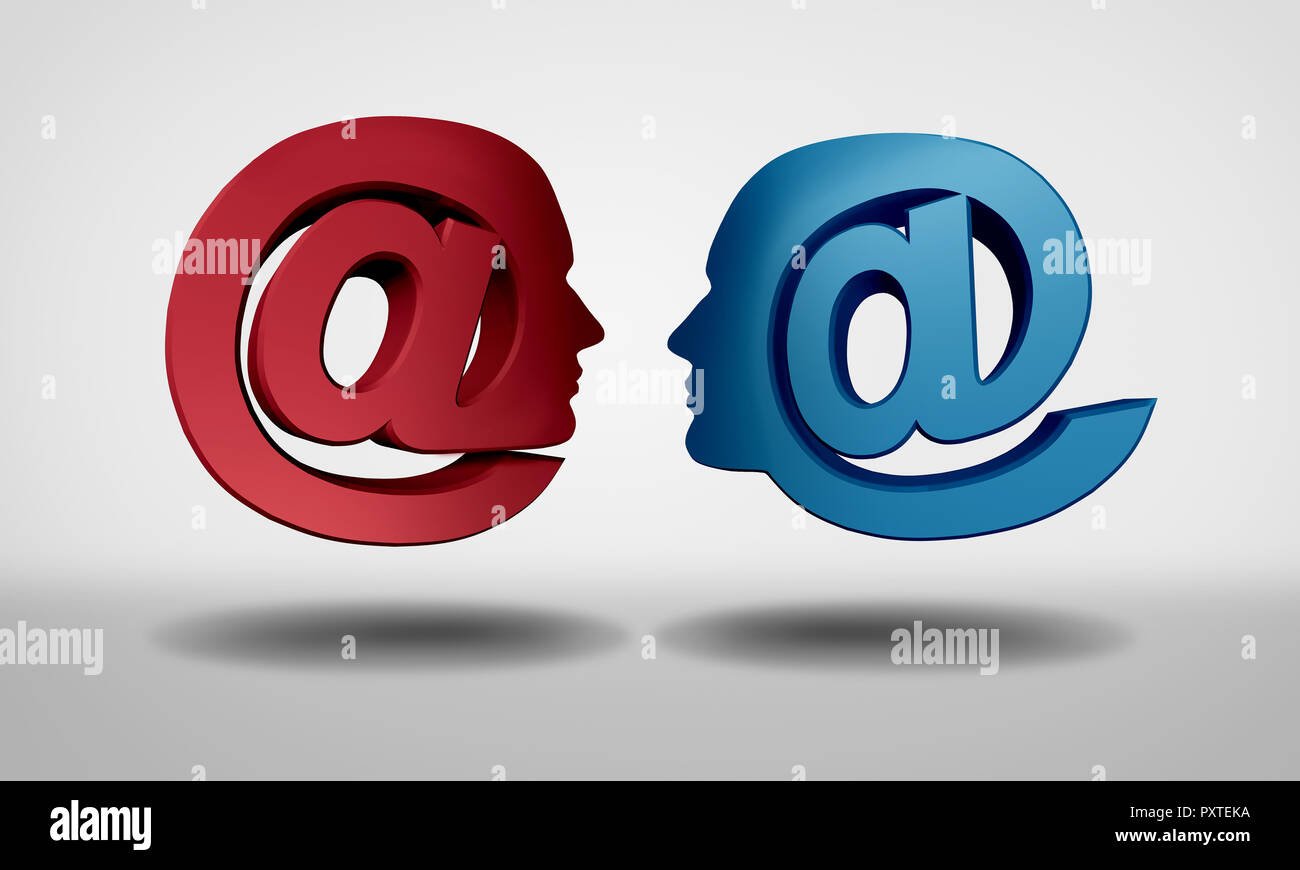Internet communication and online chatting as an email web symbol shaped as people communicating together as a social media symbol as a 3D render. Stock Photo