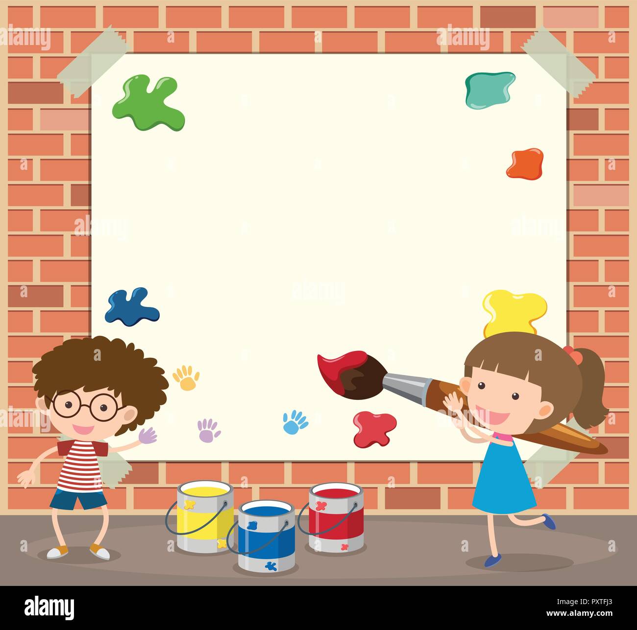 White paper template with boy and girl painting illustration Stock ...
