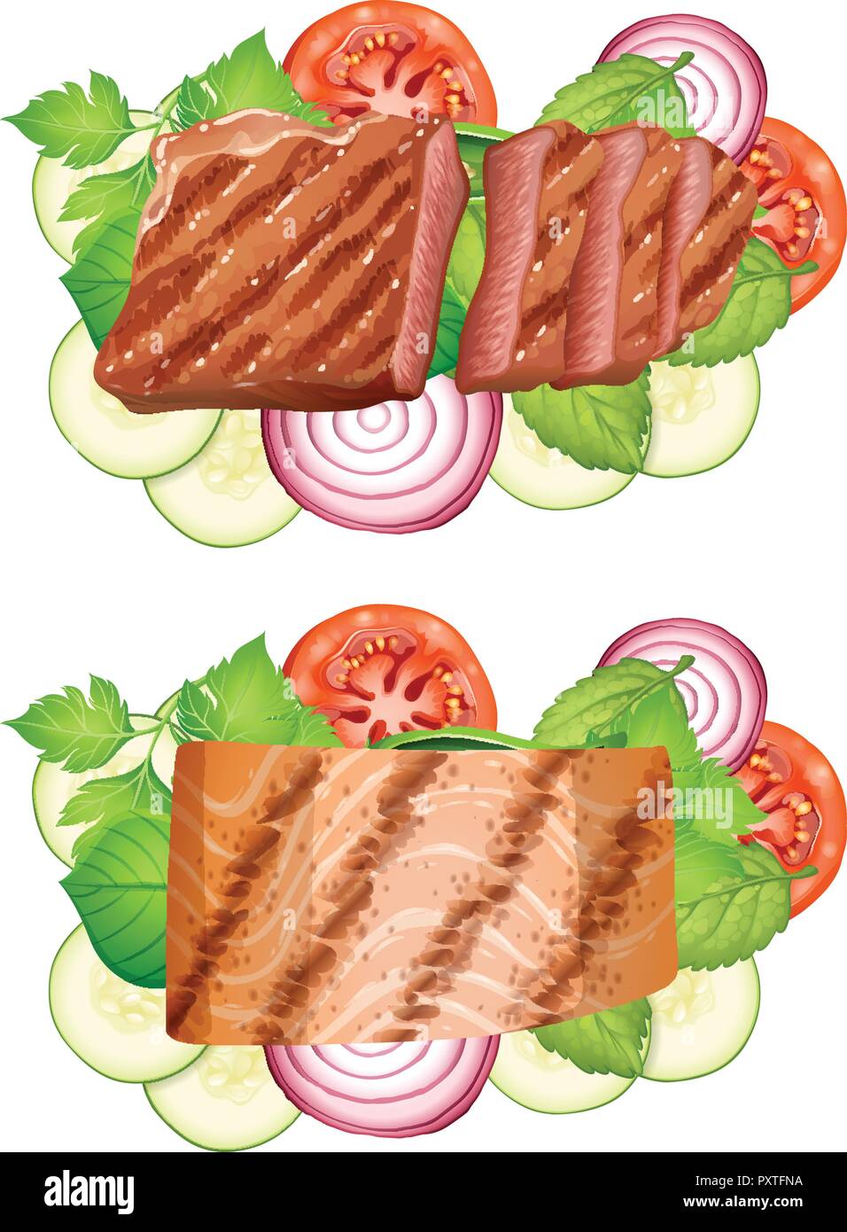 Beef steak and salmon steak with vegetables illustration Stock Vector ...