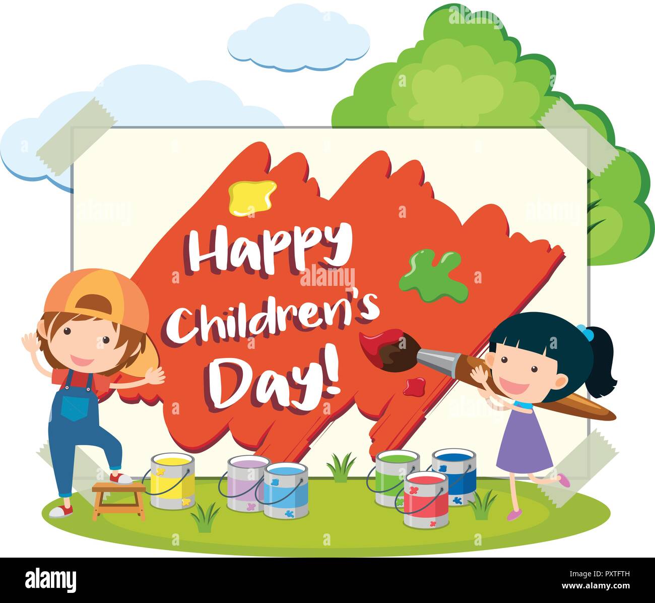 Happy children's day card with kids in the park illustration Stock ...