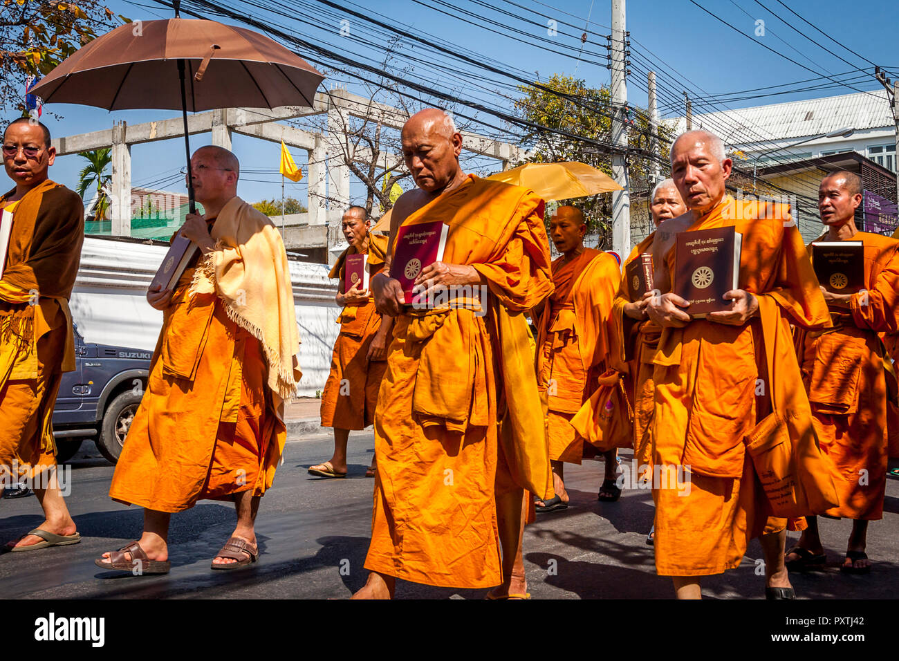 Monks parade in Chiang Mai Stock Photo