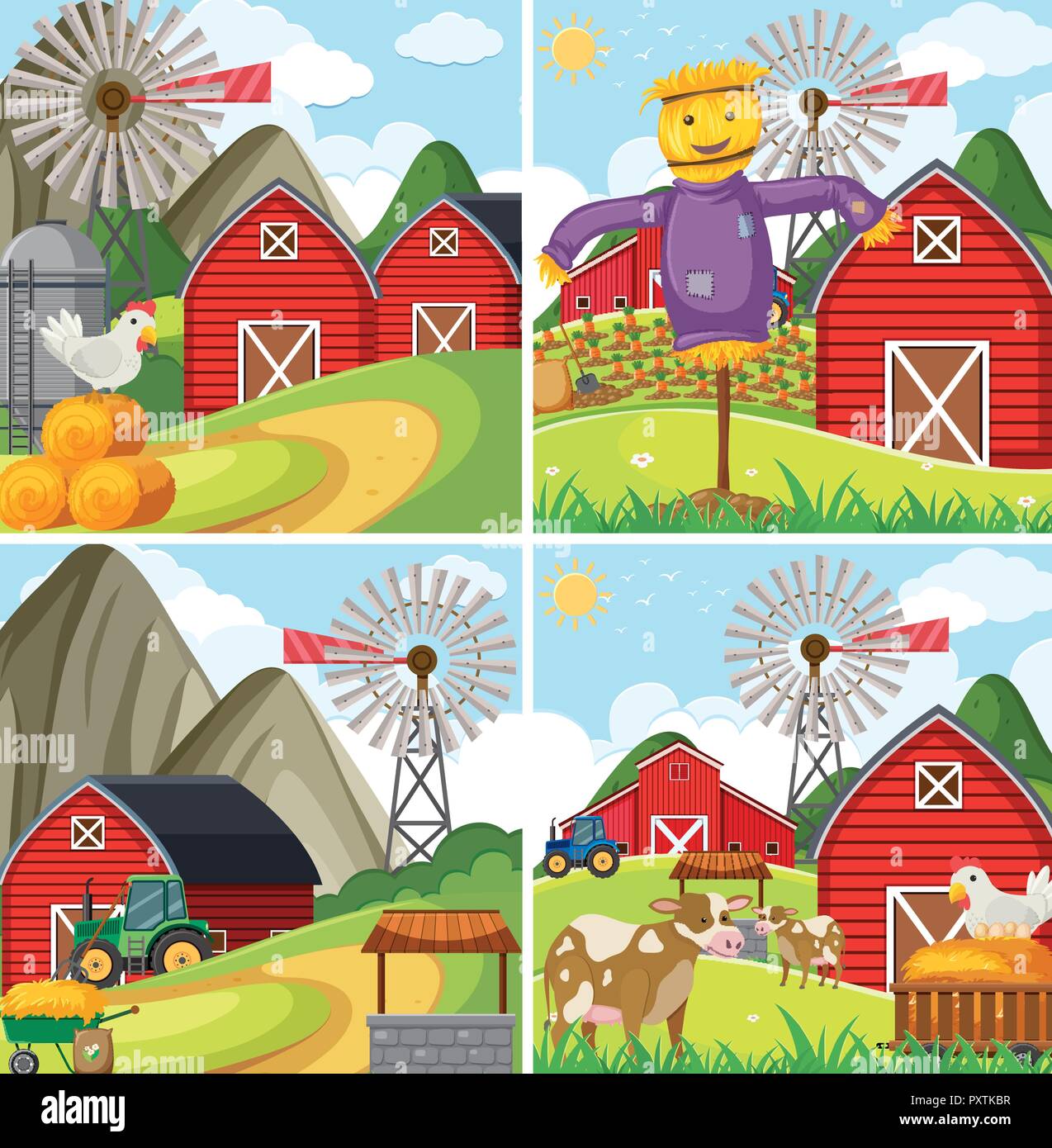 Four farm scenes with red barn and farm animals illustration Stock Vector