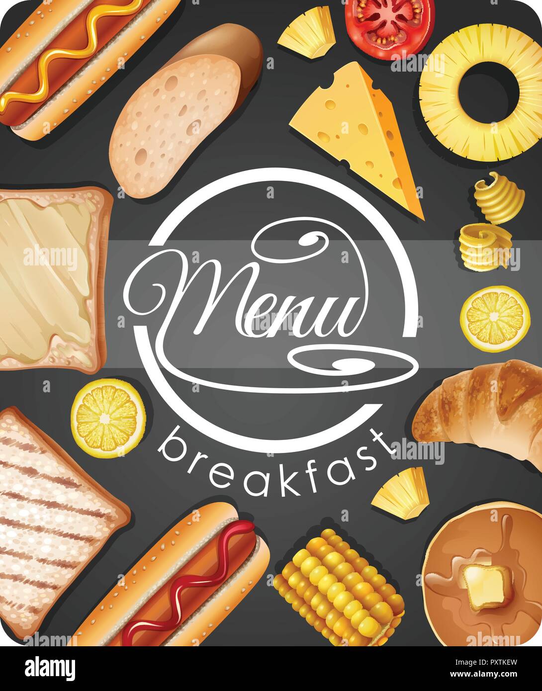 Menu design for breakfast with different food illustration Stock Vector