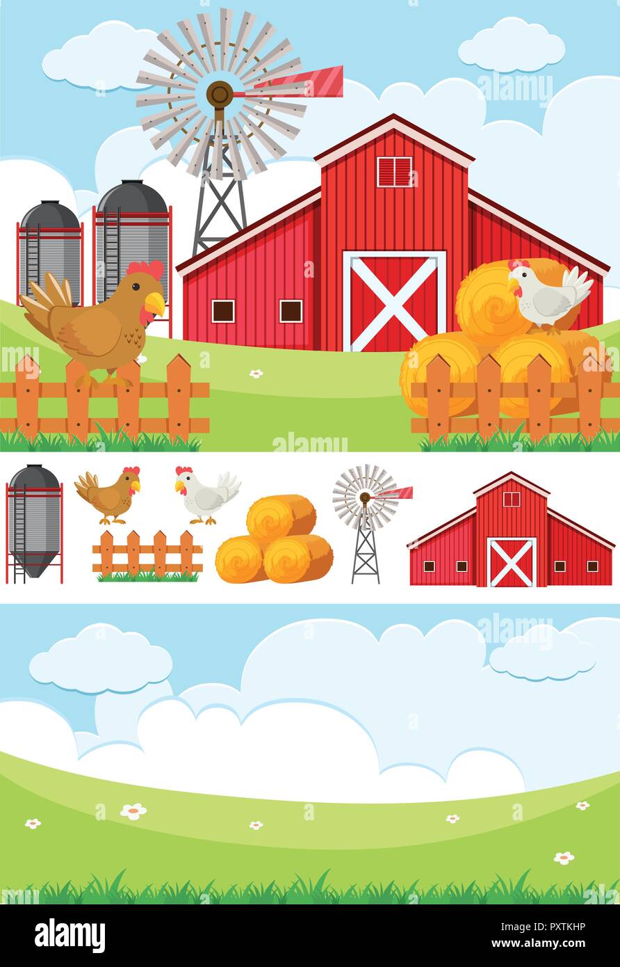 Farm scene with field and chickens illustration Stock Vector Image ...
