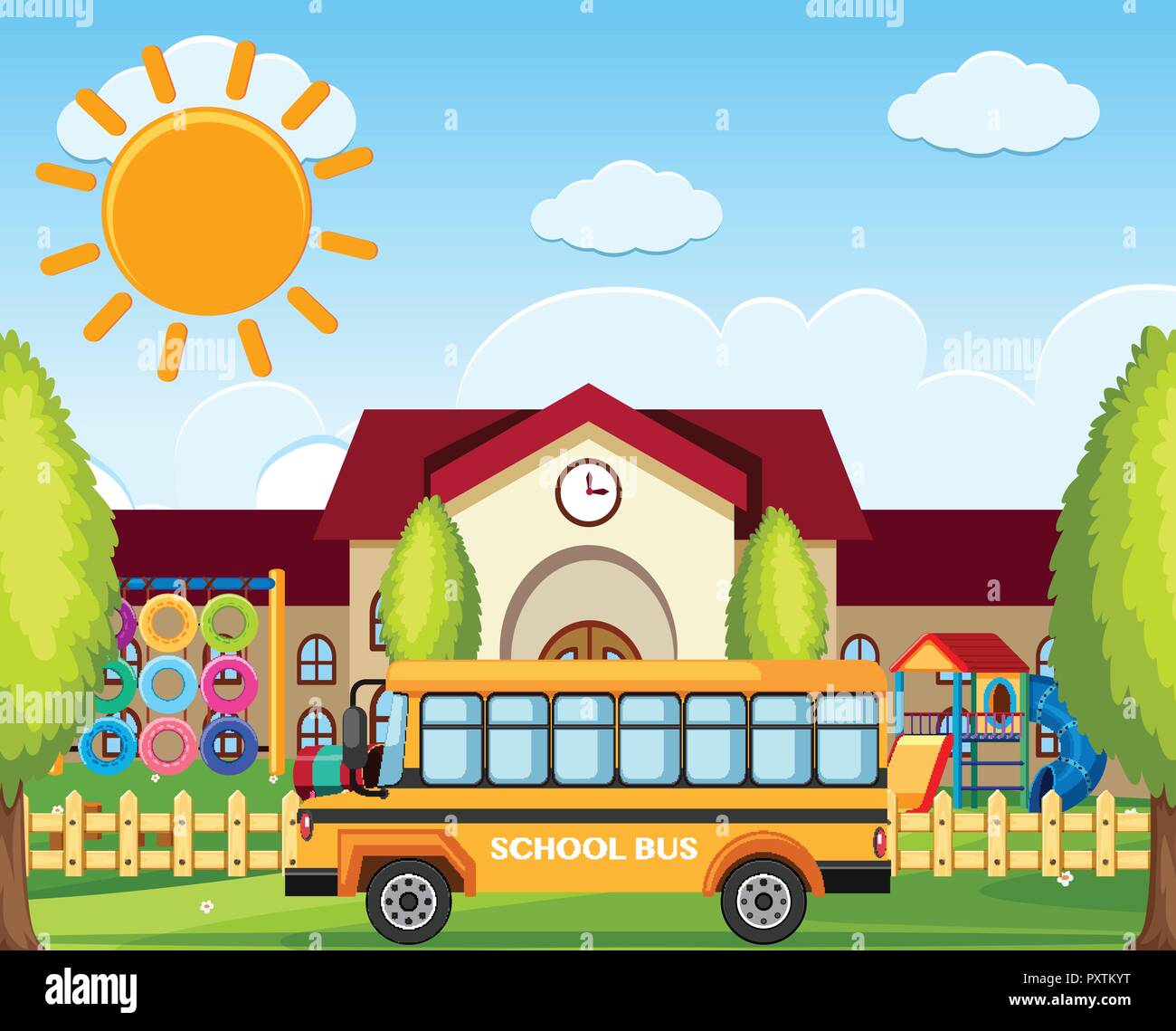 School bus parking in front of school illustration Stock Vector Image