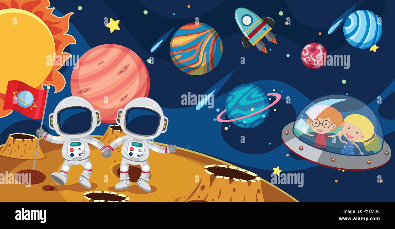 Astronauts and kids in UFO illustration Stock Vector Image & Art - Alamy