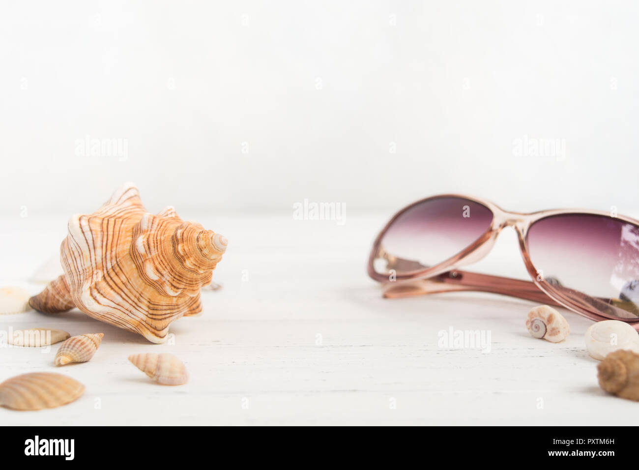 Big shell and sunglasses like summer vactions concept with copy space, selective focus Stock Photo