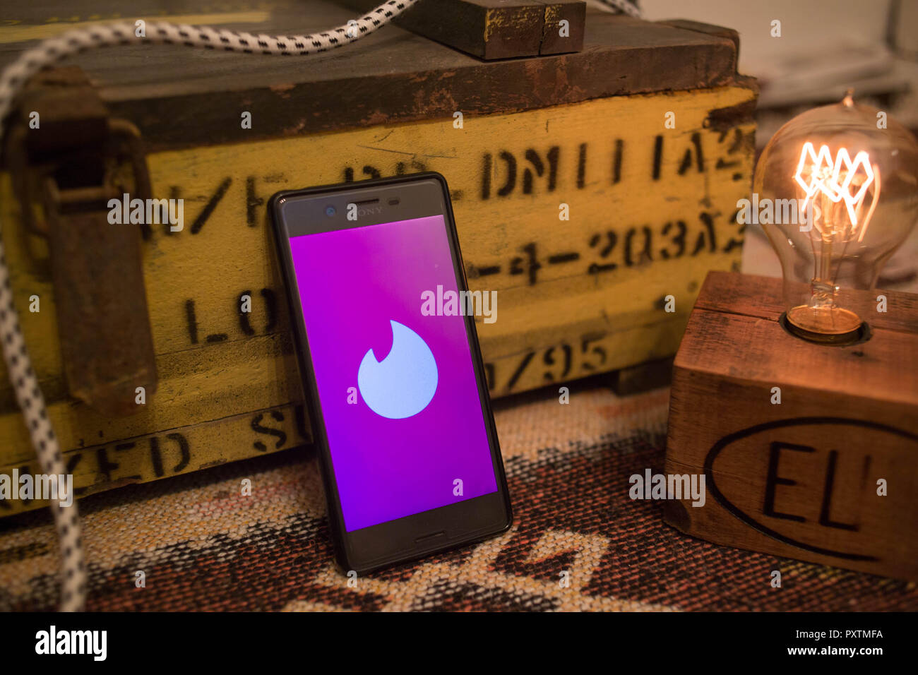 The Tinder application seen displayed on a Sony smartphone. Stock Photo