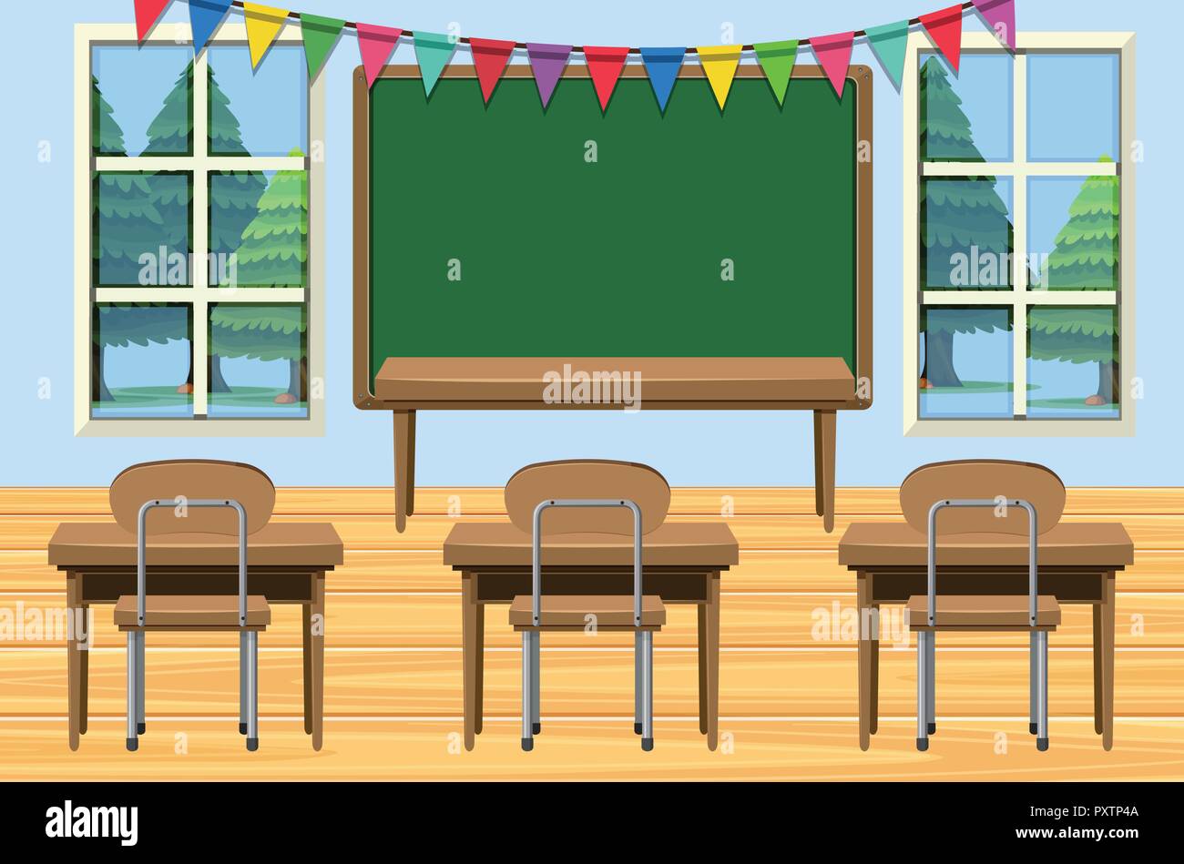 Classroom with desks and chalkboard illustration Stock Vector Image ...