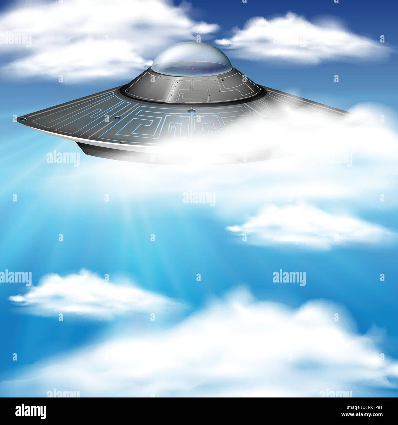 UFO flying in blue sky illustration Stock Vector Image & Art - Alamy