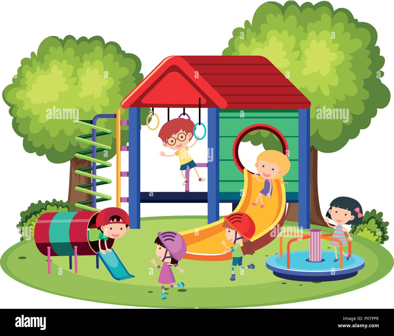 Happy Kids Playing In The Playground Illustration Stock Vector Image
