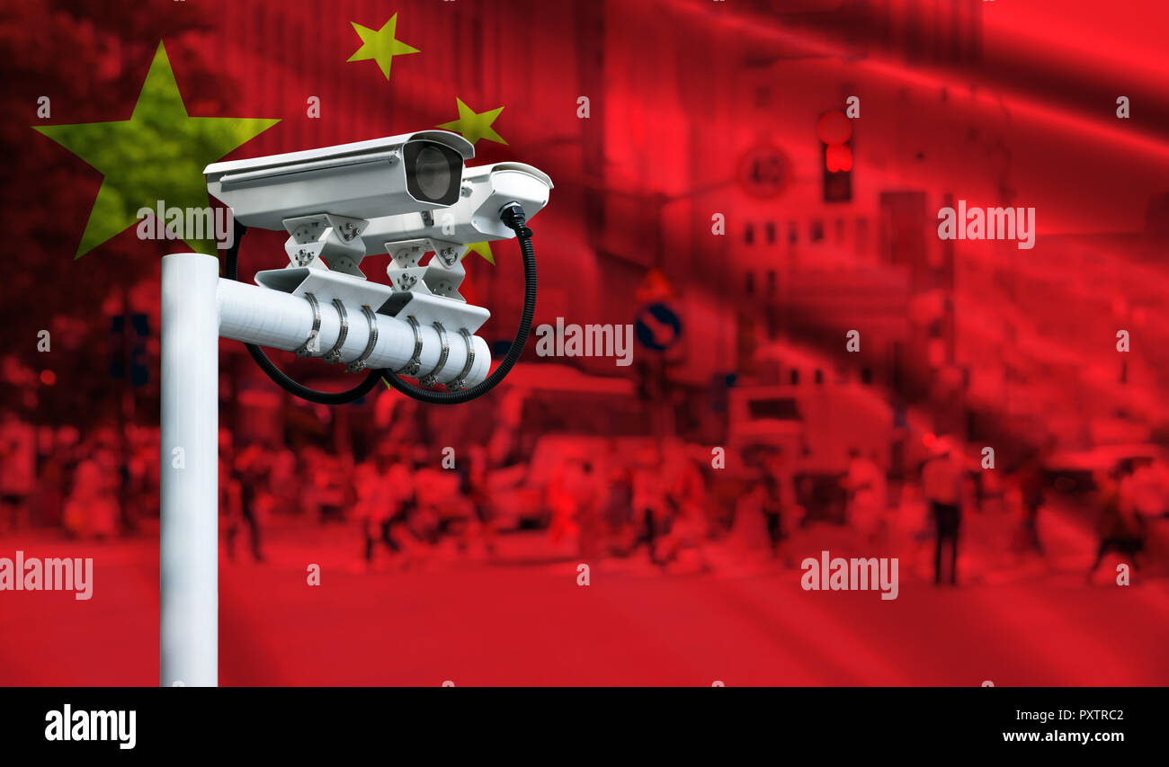 Smart surveillance cameras help automatically track identify almost every move in China. Machine Learning analytics face identify person technology ,  Stock Photo