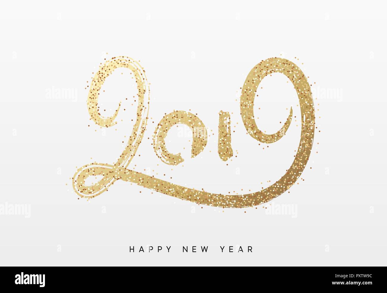 2019 New Year. Text golden with bright sparkles. Stock Vector