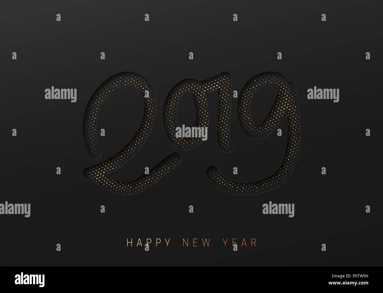 2019 Happy New Year. Black and gold embossed paper effect. Stock Vector