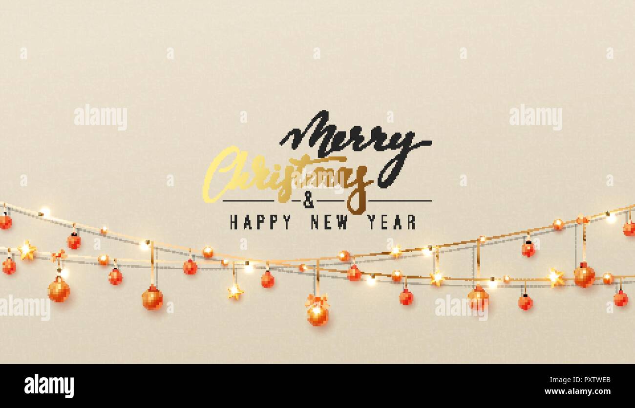 Merry Christmas and Happy New Year. Gold garlands with balls and stars realistic. Golden Xmas decor. Festive design background Stock Vector