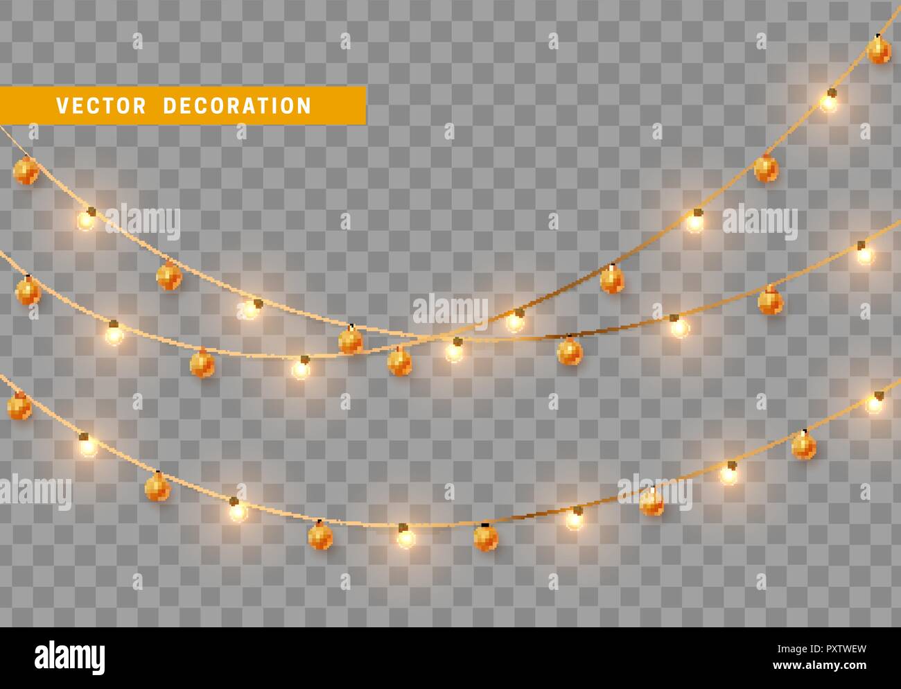 Christmas decorations, isolated on transparent background. Gold light garlands with balls realistic set. Golden Xmas decor. Festive design element Stock Vector
