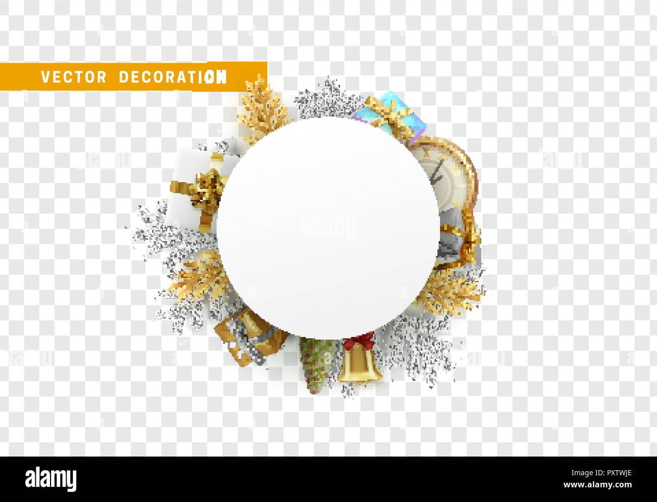 Celebration background. Christmas objects in shape of round. Frame from paper white bubble for text. Xmas decoration snowflake and old clocks, gift bo Stock Vector