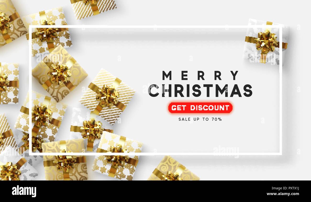 Christmas vector background. Xmas sale, holiday web banner. View top on composition gift box. Stock Vector
