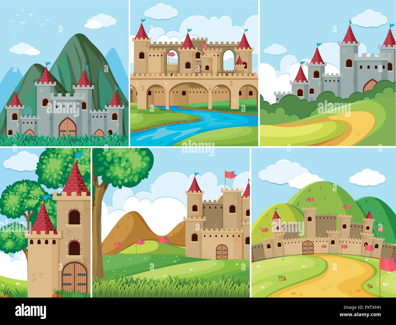 Vector Castle Scenes Scenes with castle towers in the mountains illustration Stock Vector ...